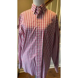 Peach State Pride Mens Small Red White Plaid Button Down Shirt Long Sleeve Logo